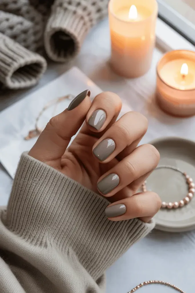 Taupe matte nails with glossy tips, cozy indoor light, minimalist setup.