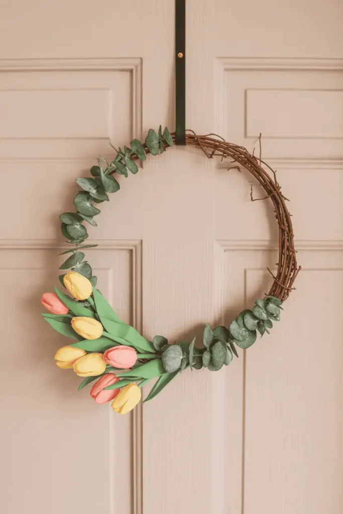 A handmade spring wreath on a wire frame wrapped with eucalyptus garland and faux tulips clustered asymmetrically on one side, hanging on a white paneled door. Soft natural daylight, simple and modern aesthetic. The wreath feels organic and achievable, not overly elaborate or professional.