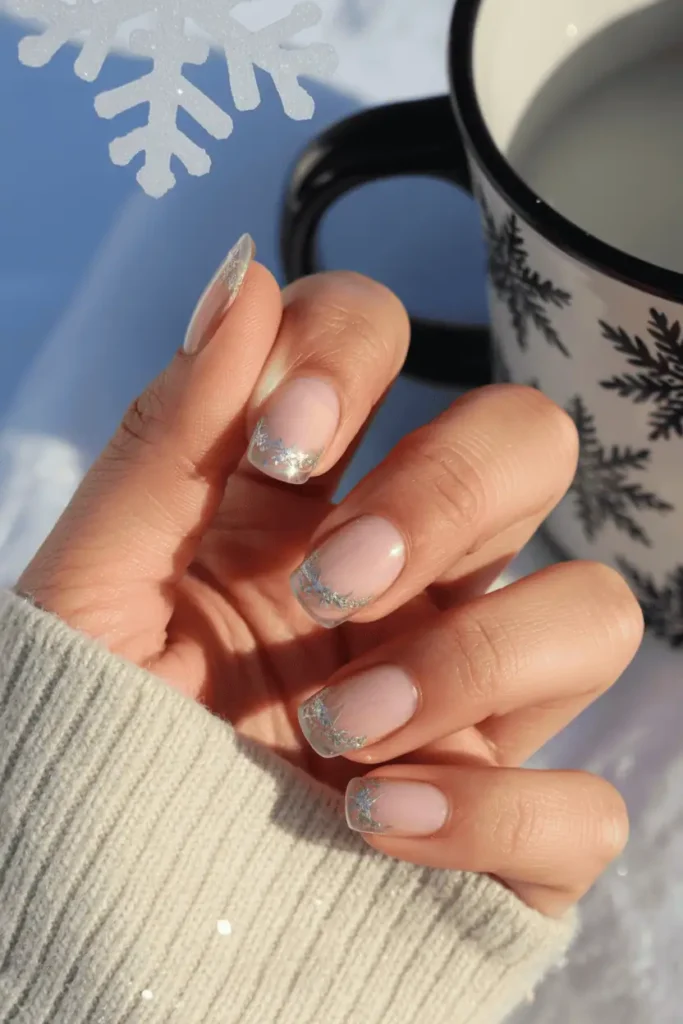 Clear nails with delicate silver glitter on tips, frosty winter background, daylight glow.