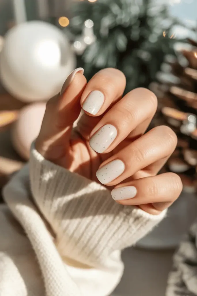 Creamy white nails with fine glitter shimmer, soft lighting, cozy winter background.
