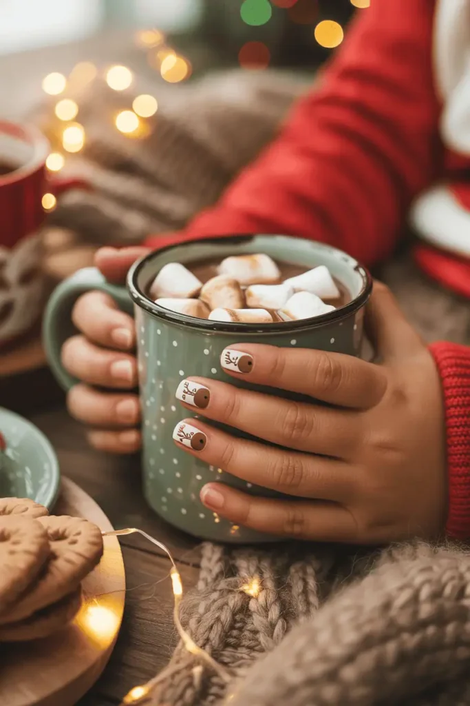 Cute reindeer nail art on a kid’s fingers holding a mug of cocoa with marshmallows, cozy indoor setting.