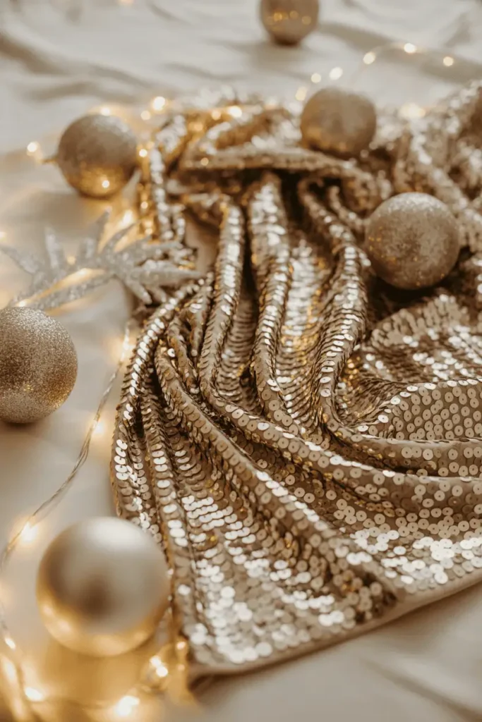 Gold and silver sequined fabrics arranged with soft glowing Christmas lights.