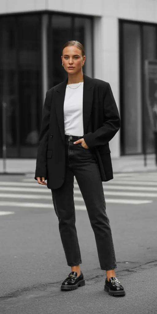 Tomboy Chic: Oversized Blazer + Straight-Leg Jeans + Loafers