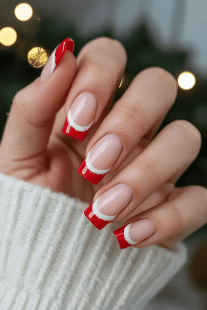 nude nails with red santa hat French tips and fluffy white edges, bright festive look, cozy winter background, warm lighting, realistic hands, Pinterest hero photo