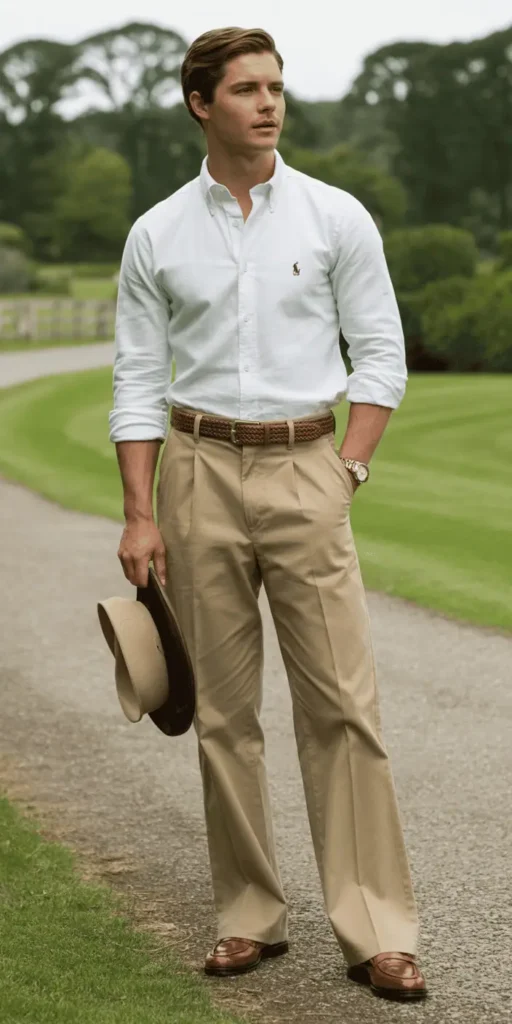 White Oxford Shirt Tucked Into Khaki Wide-Leg Trousers