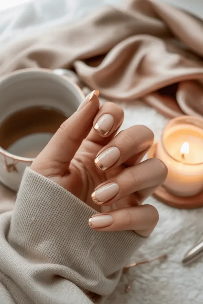 Beige nails with thin gold French tips, elegant minimal design, cozy neutral background, soft daylight.