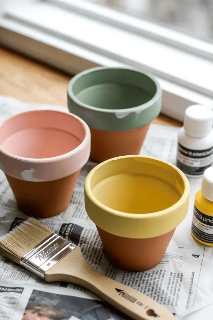 Close-up of three small terra cotta pots freshly painted in soft spring colors—blush pink, sage green, pale yellow—drying on newspaper with a paintbrush and acrylic paint bottles nearby. Natural window light, realistic crafting scene, warm and accessible styling. The brush strokes are visible showing handmade imperfection.