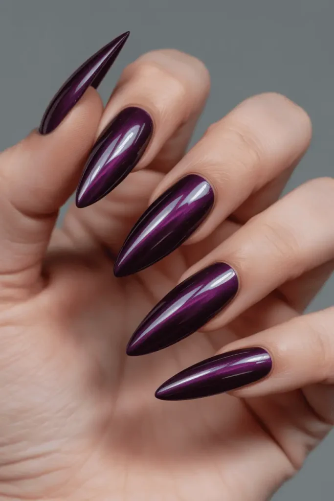 Plum Cat Eye on Extra Long Stiletto Nails