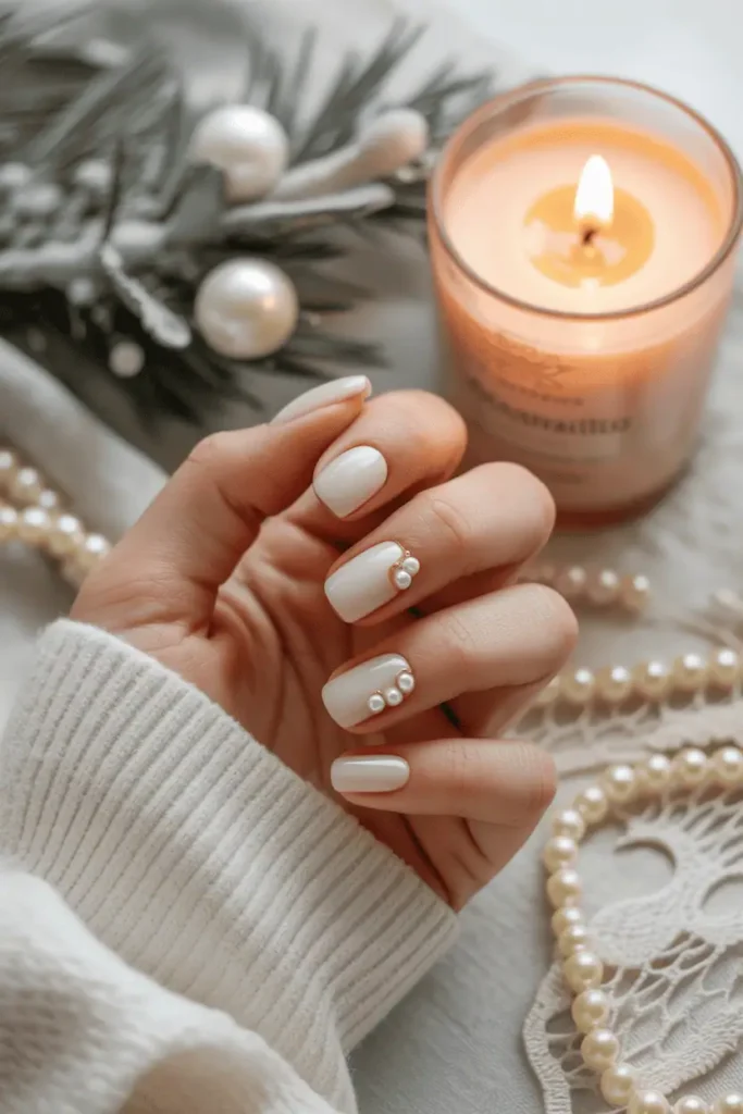 Milky white nails with small pearl accents, soft focus, elegant winter scene.