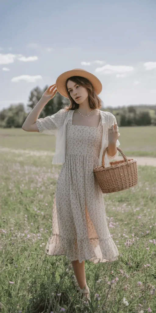 Cottagecore: Floral Midi Dress + Wicker Basket Bag