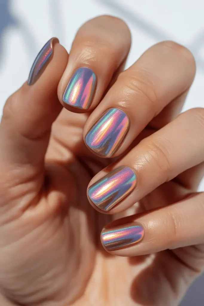Holographic Chrome on Short Square Nails