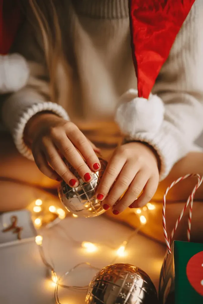 Small child’s hands with red nails and white Santa hat tips, holding a Christmas ornament, soft warm lighting.