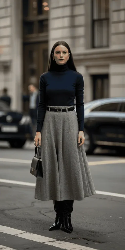 Navy Turtleneck, Grey Wool Skirt, and Tall Boots