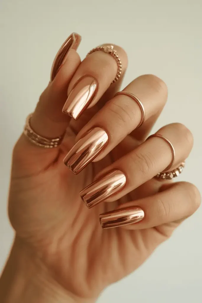 Rose Gold Chrome Coffin Nails