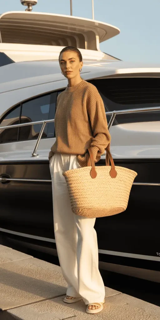 Camel Sweater with White Wide-Leg Pants