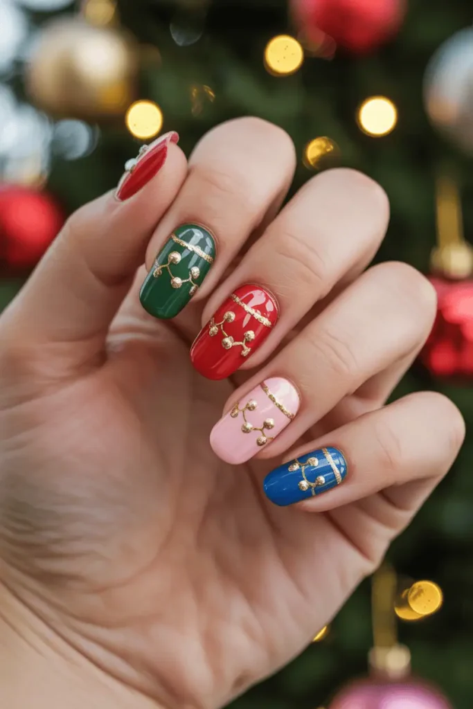 multicolor ornament nail art in bright red, green, pink, blue, gold, tiny metallic hooks, cheerful Christmas theme, cozy decor, warm lights, soft bokeh, realistic hands
