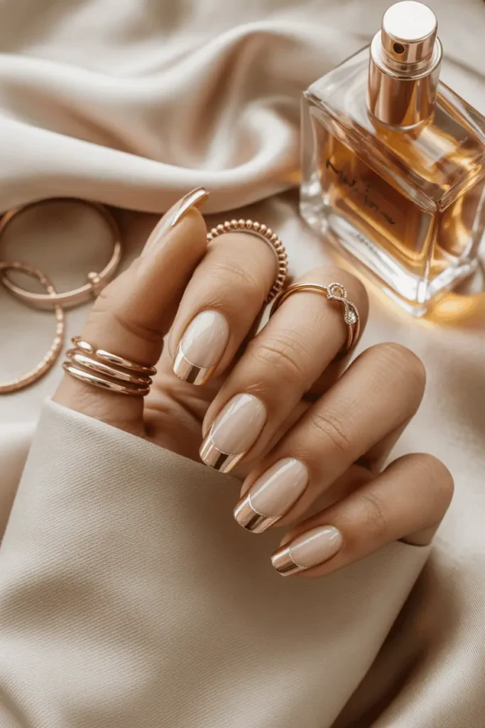 Nude nails with thin gold foil French tips, elegant composition, warm daylight.