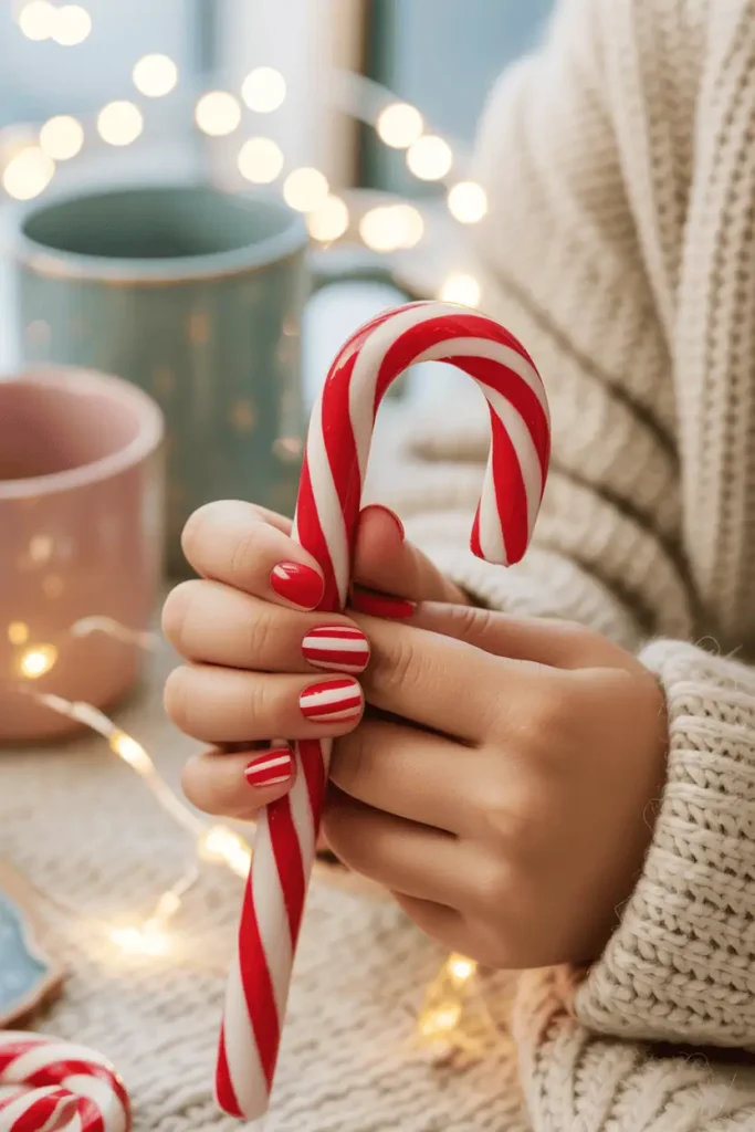 Red and white striped nails on a child’s hands holding a candy cane, blurred twinkle lights in background.