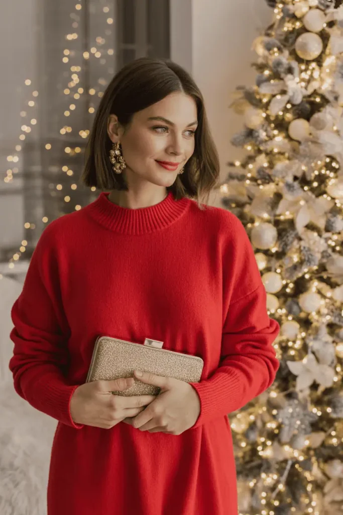 Woman in a red sweater dress styled with gold accessories in warm Christmas lighting.