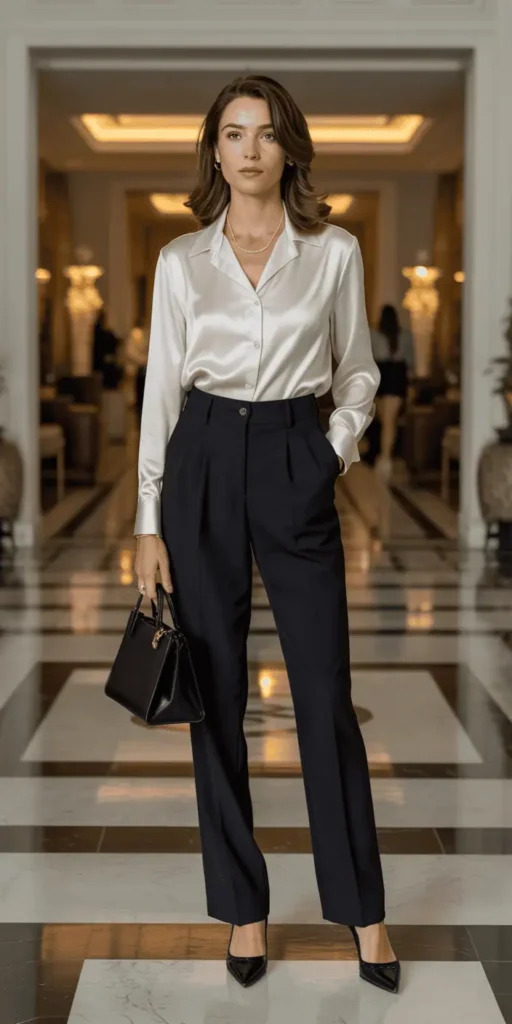 Ivory Silk Blouse with High-Waisted Black Trousers