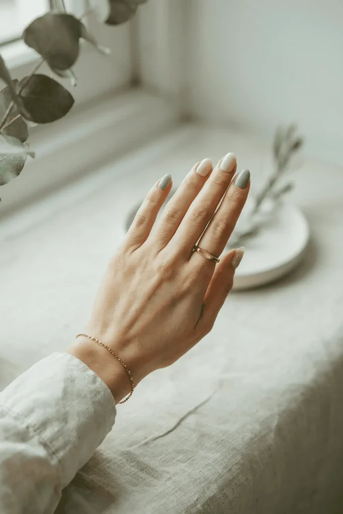 Sage Green to White Ombre on Almond Nails