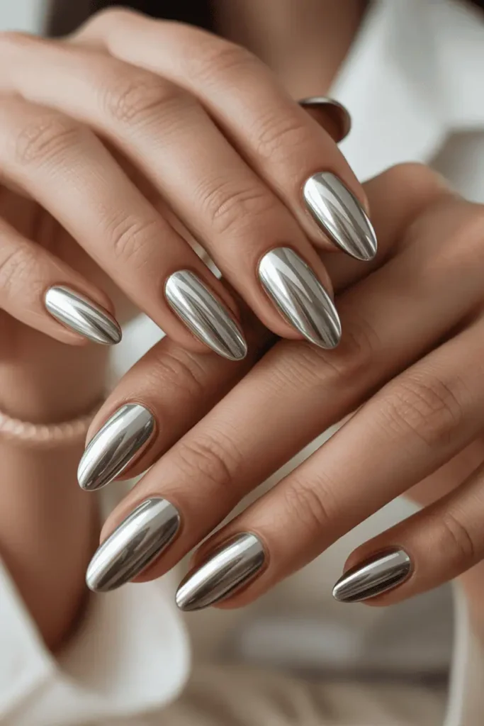 1. Classic Silver Chrome on Almond Nails