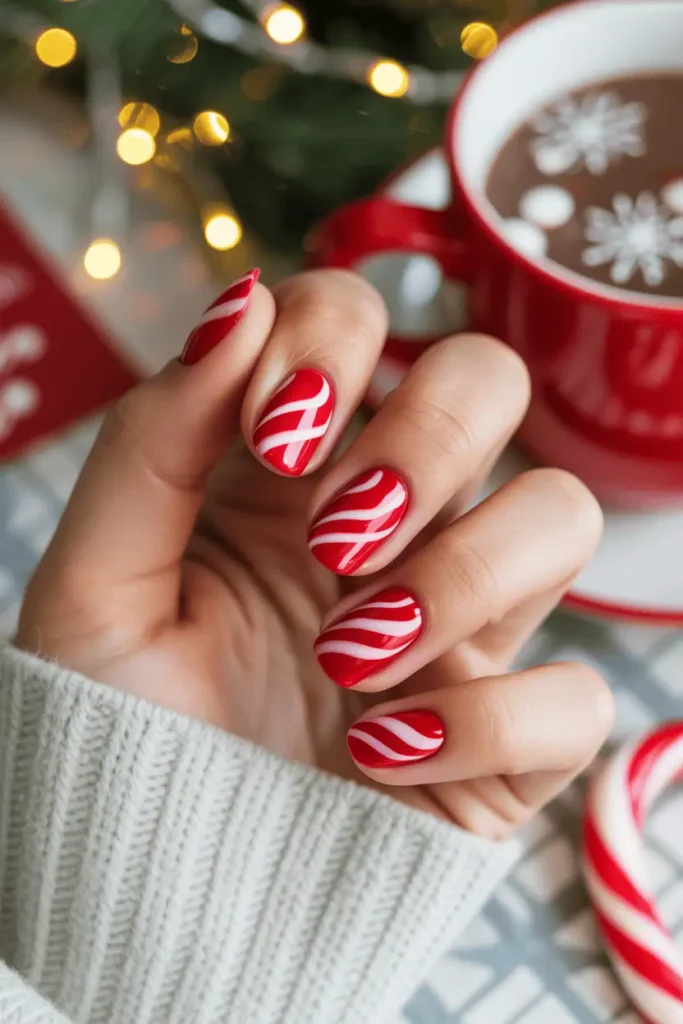 red and white candy cane swirl nails, glossy finish, playful holiday style, cozy background with hot cocoa, warm Christmas lights, soft bokeh, realistic hands, Pinterest hero photo