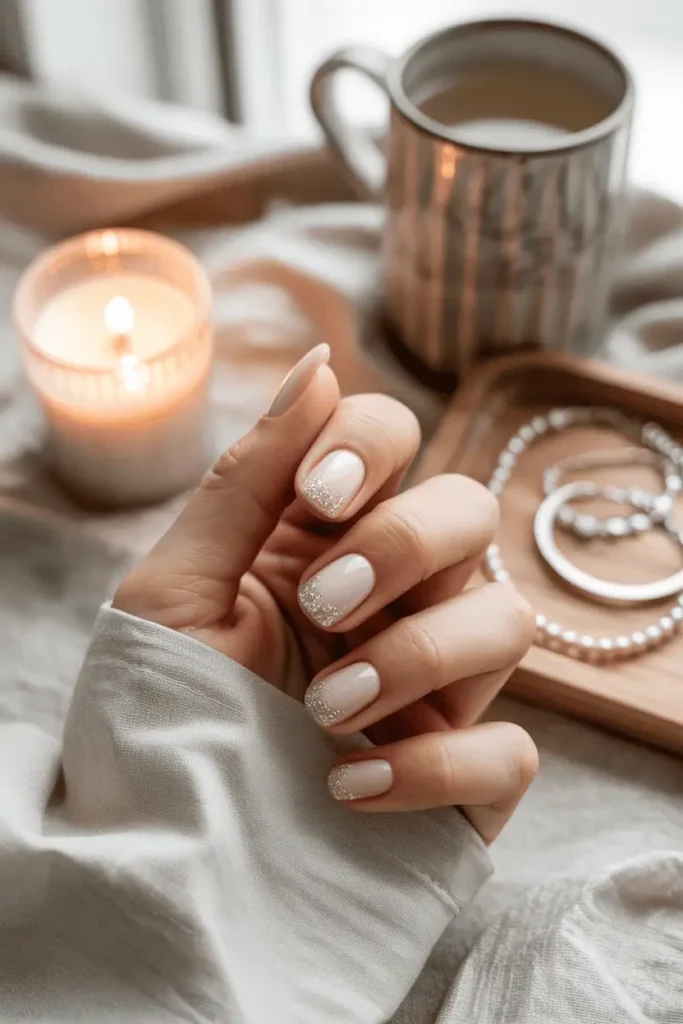 Soft blush nails with fine silver glitter, natural lighting, cozy neutral background.