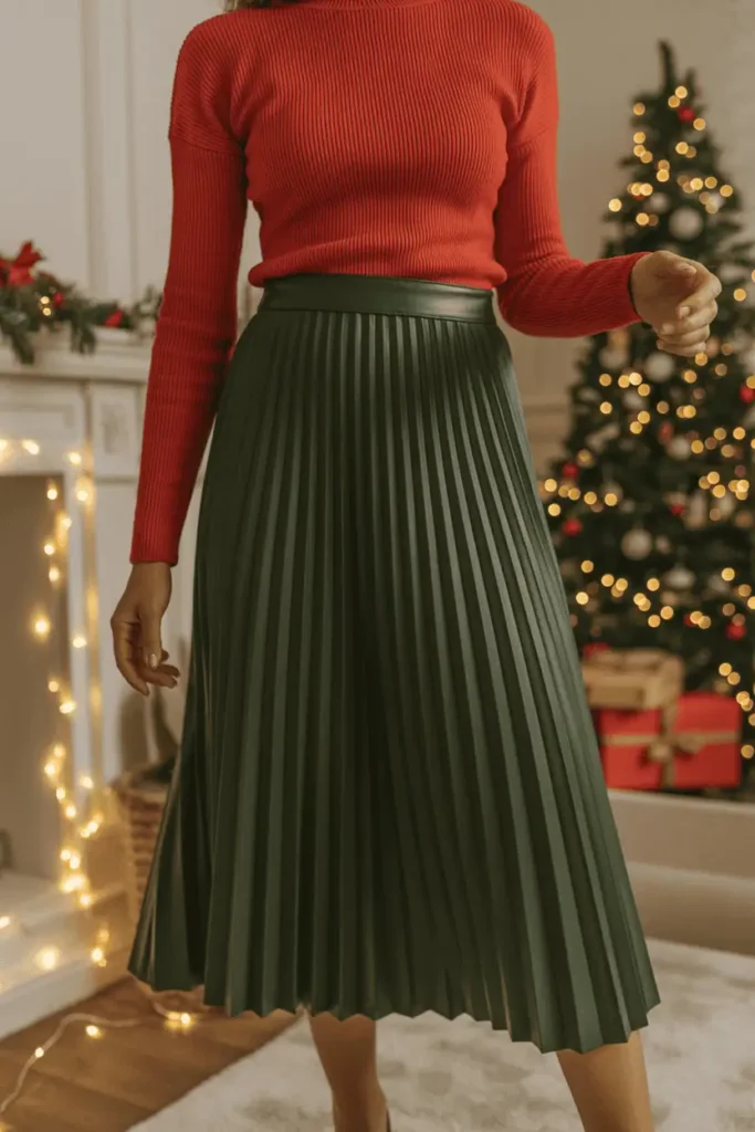 Woman wearing a red sweater and green pleated skirt in front of warm Christmas lights.