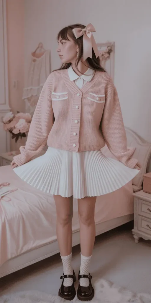 Coquette: Baby Pink Cardigan + White Mini Skirt + Mary Janes
