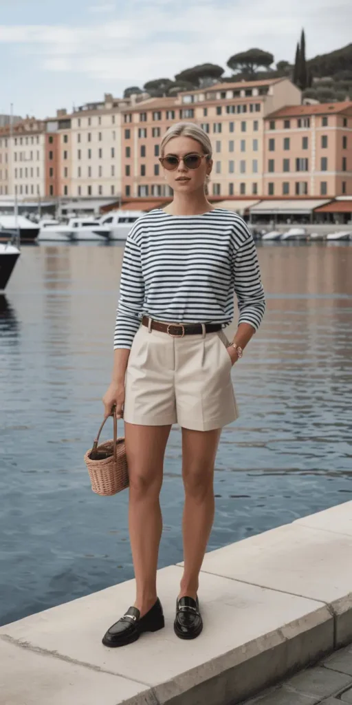 Striped Breton Top with Tailored Shorts and Loafers