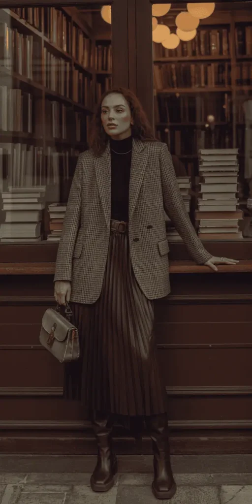 Dark Academia: Plaid Blazer + Black Turtleneck + Pleated Skirt