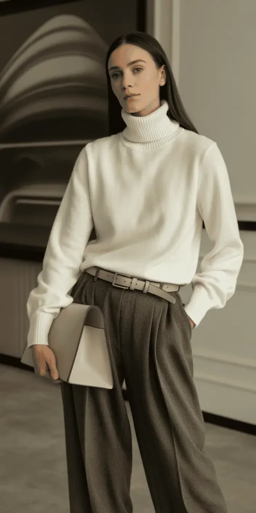 Cashmere Turtleneck Tucked Into Wide-Leg Trousers