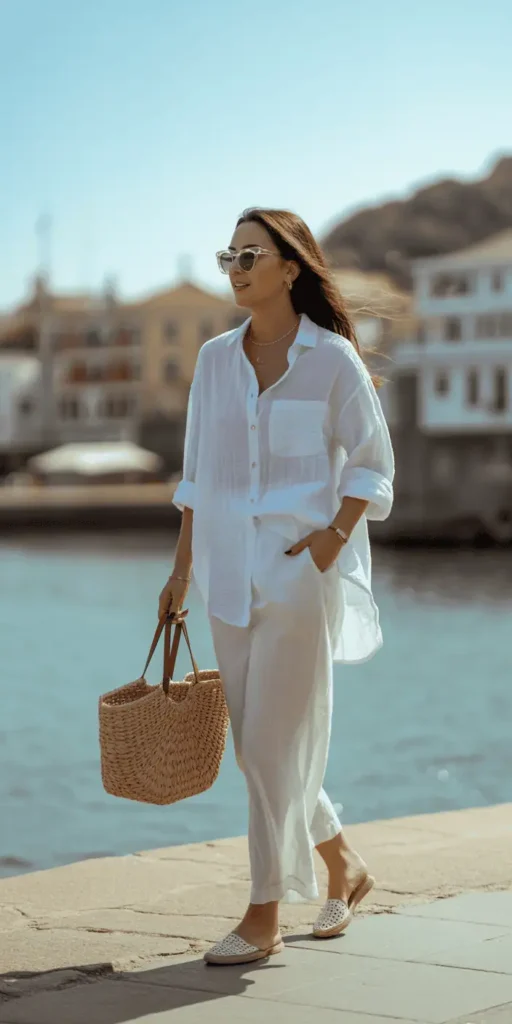 Coastal Grandmother: Linen Button-Down + White Wide-Leg Pants