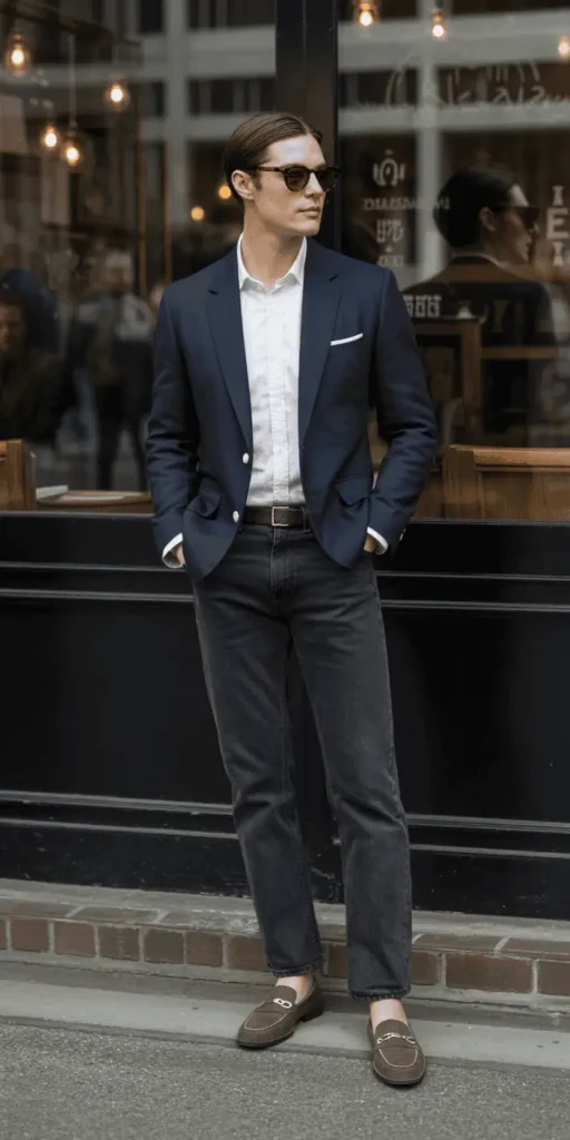 Navy Blazer, White Button-Down, and Dark Denim