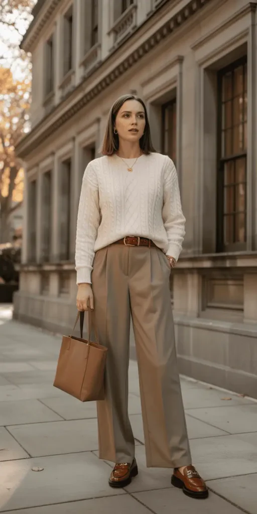 Elegant neutral old money outfit photography, cream sweater tucked into camel midi skirt with cognac tall boots, leather tote bag, upscale European street background, timeless feminine styling, soft luxury aesthetic, Pinterest fashion editorial