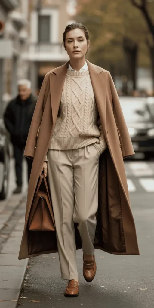 Camel Coat Over Cream Knit and Tailored Trousers