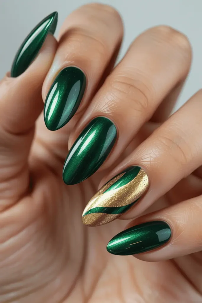 Classic Emerald Cat Eye on Almond Nails