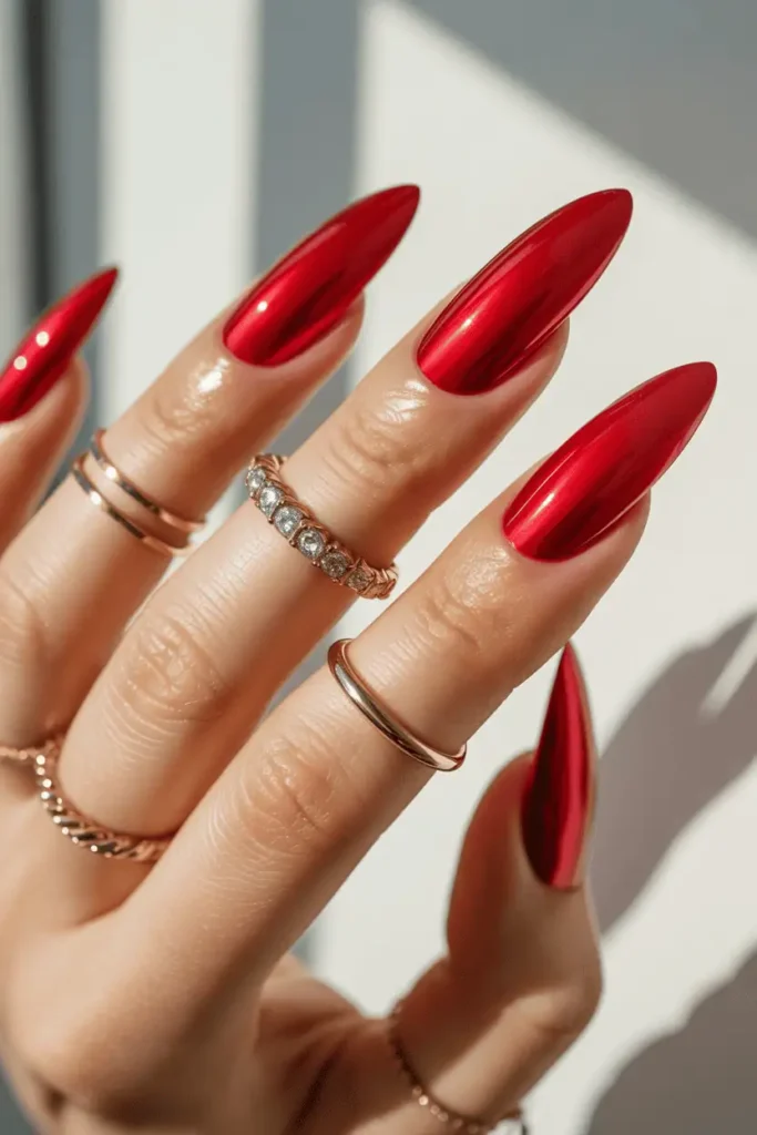 Red Chrome On Stiletto Nails