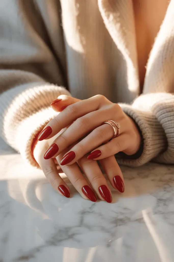 Classic Cherry Red On Almond Nails
