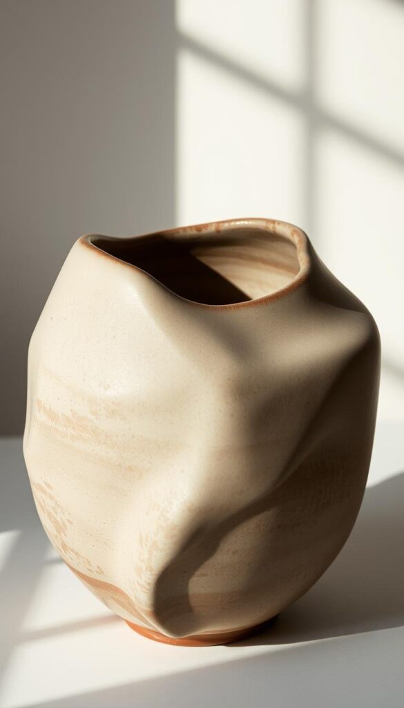 A Japanese ceramic vessel, masterfully crafted with a wabi-sabi aesthetic. The piece features an organic, asymmetrical silhouette, with a matte, earthy glaze that subtly varies in tone and texture, embracing the beauty of imperfection. Soft, diffused lighting illuminates the pottery, casting gentle shadows that accentuate its tactile, handmade quality. The vessel is captured in a close-up shot, allowing the viewer to appreciate the intricate details and the quiet, contemplative essence of the design. A Japanese ceramic vessel, masterfully crafted with a wabi-sabi aesthetic. The piece features an organic, asymmetrical silhouette, with a matte, earthy glaze that subtly varies in tone and texture, embracing the beauty of imperfection. Soft, diffused lighting illuminates the pottery, casting gentle shadows that accentuate its tactile, handmade quality. The vessel is captured in a close-up shot, allowing the viewer to appreciate the intricate details and the quiet, contemplative essence of the design.