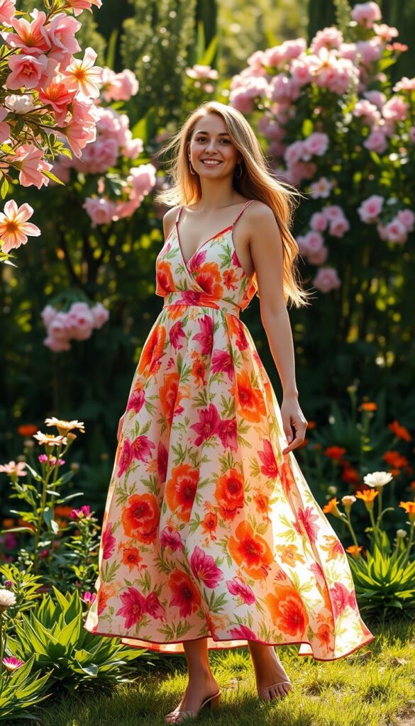 A beautiful, flowing sundress in a vibrant floral pattern, perfect for a spring graduation ceremony. The dress has a V-neckline, thin straps, and a flowy, midi-length skirt that sways gently in a soft breeze. Sunlight filters through the petals, casting a warm, golden glow on the fabric. The background is a lush, verdant garden with blooming flowers and greenery, creating a serene, nature-inspired atmosphere. The overall scene evokes a sense of joy, celebration, and the boundless potential of new beginnings. A beautiful, flowing sundress in a vibrant floral pattern, perfect for a spring graduation ceremony. The dress has a V-neckline, thin straps, and a flowy, midi-length skirt that sways gently in a soft breeze. Sunlight filters through the petals, casting a warm, golden glow on the fabric. The background is a lush, verdant garden with blooming flowers and greenery, creating a serene, nature-inspired atmosphere. The overall scene evokes a sense of joy, celebration, and the boundless potential of new beginnings.
