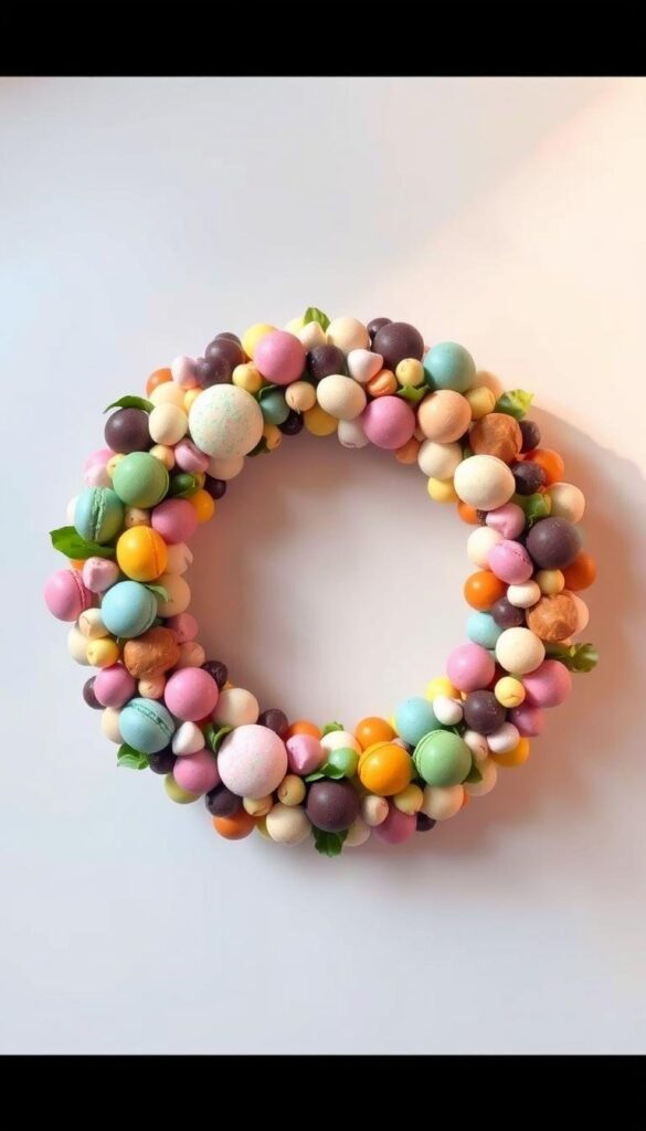 A beautiful, freshly-made Easter wreath made entirely of edible ingredients, laid against a light, airy background. The wreath is crafted from an assortment of colorful candies, macarons, mini meringues, and chocolate-dipped fruits, arranged in a circular shape to resemble a traditional wreath. The scene is bathed in warm, soft lighting, casting a gentle glow on the delectable treats. The wreath appears to be suspended in midair, with a clean, minimalist backdrop allowing the vibrant confections to take center stage. The overall composition evokes a sense of springtime whimsy and a playful, indulgent approach to Easter decor. A beautiful, freshly-made Easter wreath made entirely of edible ingredients, laid against a light, airy background. The wreath is crafted from an assortment of colorful candies, macarons, mini meringues, and chocolate-dipped fruits, arranged in a circular shape to resemble a traditional wreath. The scene is bathed in warm, soft lighting, casting a gentle glow on the delectable treats. The wreath appears to be suspended in midair, with a clean, minimalist backdrop allowing the vibrant confections to take center stage. The overall composition evokes a sense of springtime whimsy and a playful, indulgent approach to Easter decor.