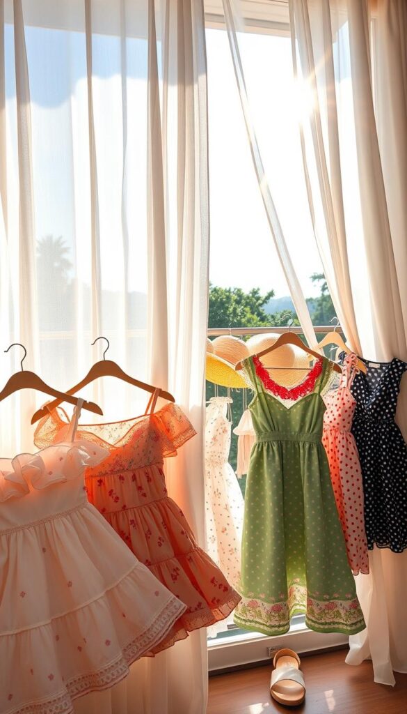 A beautiful summer day, sunlight streaming through sheer curtains, illuminating a vibrant collection of mini dresses. In the foreground, an array of chic, flirty designs - off-the-shoulder ruffles, delicate floral prints, and playful polka dots. The dresses sway gently, as if inviting the viewer to reach out and feel the soft, breathable fabrics. In the middle ground, a tasteful arrangement of accessories - straw hats, dainty jewelry, and strappy sandals - completing the effortless, breezy aesthetic. The background features a serene, airy setting - perhaps a balcony or terrace, with lush greenery and a glimpse of a clear blue sky. The overall mood is one of carefree summer joy, capturing the essence of dressing up for the hottest days of the season. A beautiful summer day, sunlight streaming through sheer curtains, illuminating a vibrant collection of mini dresses. In the foreground, an array of chic, flirty designs - off-the-shoulder ruffles, delicate floral prints, and playful polka dots. The dresses sway gently, as if inviting the viewer to reach out and feel the soft, breathable fabrics. In the middle ground, a tasteful arrangement of accessories - straw hats, dainty jewelry, and strappy sandals - completing the effortless, breezy aesthetic. The background features a serene, airy setting - perhaps a balcony or terrace, with lush greenery and a glimpse of a clear blue sky. The overall mood is one of carefree summer joy, capturing the essence of dressing up for the hottest days of the season.