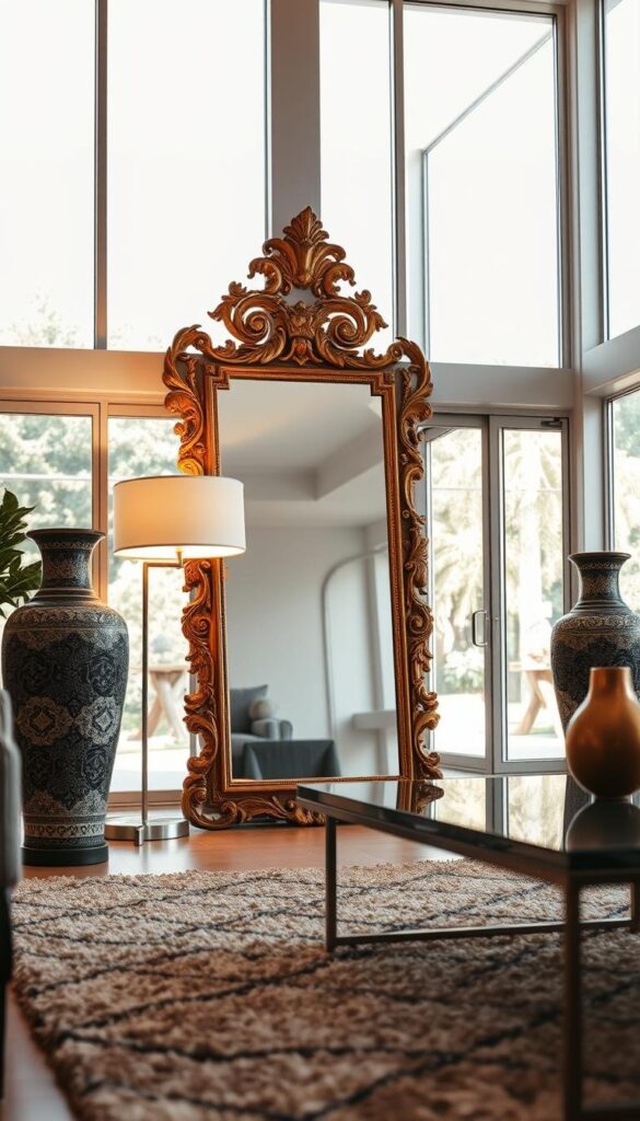 A beautifully lit living room interior, featuring a striking focal point. In the foreground, an ornate, gilded mirror with intricate carvings reflects the warm light from a nearby floor lamp. Flanking the mirror, a pair of elegant ceramic vases, their surfaces adorned with intricate patterns. In the middle ground, a plush, textured rug in earthy tones grounds the space, while a sleek, modern coffee table with a glass top adds a touch of contemporary flair. The background showcases floor-to-ceiling windows, allowing natural light to flood the room and highlighting the carefully curated decorative pieces that capture the eye and elevate the overall aesthetic. A beautifully lit living room interior, featuring a striking focal point. In the foreground, an ornate, gilded mirror with intricate carvings reflects the warm light from a nearby floor lamp. Flanking the mirror, a pair of elegant ceramic vases, their surfaces adorned with intricate patterns. In the middle ground, a plush, textured rug in earthy tones grounds the space, while a sleek, modern coffee table with a glass top adds a touch of contemporary flair. The background showcases floor-to-ceiling windows, allowing natural light to flood the room and highlighting the carefully curated decorative pieces that capture the eye and elevate the overall aesthetic.