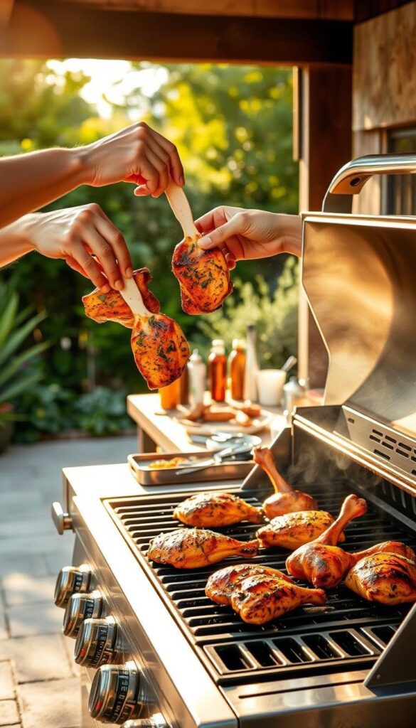 A beautifully lit outdoor patio with a gleaming stainless steel grill in the foreground. Three skilled hands deftly manipulating chicken thighs, breasts, and drumsticks, demonstrating expert grilling techniques - searing, flipping, basting. The chicken glistens with a caramelized char, while the aroma of herbs and spices fills the air. In the middle ground, a wooden prep table holds an array of seasonings, marinades, and tools. The background fades into a lush, verdant garden, the warm summer sun casting a golden glow over the entire scene. A beautifully lit outdoor patio with a gleaming stainless steel grill in the foreground. Three skilled hands deftly manipulating chicken thighs, breasts, and drumsticks, demonstrating expert grilling techniques - searing, flipping, basting. The chicken glistens with a caramelized char, while the aroma of herbs and spices fills the air. In the middle ground, a wooden prep table holds an array of seasonings, marinades, and tools. The background fades into a lush, verdant garden, the warm summer sun casting a golden glow over the entire scene.