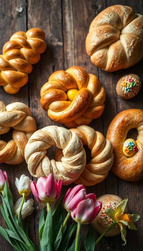 A beautifully lit overhead shot of an Easter bread display, featuring delicate braided loaves in various pastel colors and shapes. The breads are arranged on a rustic wooden table, with a soft, natural lighting that highlights their intricate textures and decorative elements. In the foreground, a few vibrant flowers, such as tulips or daffodils, add a touch of spring freshness. The middle ground showcases the diverse presentations, with some breads twisted into wreaths, others shaped like bunnies or eggs, and a few adorned with colorful sprinkles or edible flowers. The background is blurred, creating a sense of focus on the artfully crafted Easter treats. The overall mood is one of creativity, celebration, and the joy of the Easter season. A beautifully lit overhead shot of an Easter bread display, featuring delicate braided loaves in various pastel colors and shapes. The breads are arranged on a rustic wooden table, with a soft, natural lighting that highlights their intricate textures and decorative elements. In the foreground, a few vibrant flowers, such as tulips or daffodils, add a touch of spring freshness. The middle ground showcases the diverse presentations, with some breads twisted into wreaths, others shaped like bunnies or eggs, and a few adorned with colorful sprinkles or edible flowers. The background is blurred, creating a sense of focus on the artfully crafted Easter treats. The overall mood is one of creativity, celebration, and the joy of the Easter season.