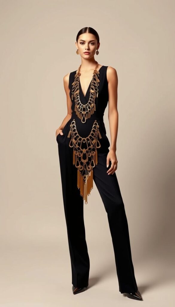 A beautifully styled, fashion-forward outfit with a statement accessory set against a chic, minimalist background. In the foreground, a sleek, tailored jumpsuit in an elegant black hue, accentuated by a bold, oversized gold necklace that cascades down the model's décolletage. The necklace's intricate, sculptural design adds an eye-catching, high-fashion touch. In the middle ground, the model poses confidently, their stance conveying a sense of effortless sophistication. The lighting is soft and directional, creating subtle shadows that highlight the outfit's sharp lines and the accessory's lustrous finish. The background is a plain, neutral-toned studio setting, allowing the outfit and accessory to take center stage. The overall mood is one of chic, modern style elevated by a statement-making piece that transforms a simple look into a head-turning ensemble. A beautifully styled, fashion-forward outfit with a statement accessory set against a chic, minimalist background. In the foreground, a sleek, tailored jumpsuit in an elegant black hue, accentuated by a bold, oversized gold necklace that cascades down the model's décolletage. The necklace's intricate, sculptural design adds an eye-catching, high-fashion touch. In the middle ground, the model poses confidently, their stance conveying a sense of effortless sophistication. The lighting is soft and directional, creating subtle shadows that highlight the outfit's sharp lines and the accessory's lustrous finish. The background is a plain, neutral-toned studio setting, allowing the outfit and accessory to take center stage. The overall mood is one of chic, modern style elevated by a statement-making piece that transforms a simple look into a head-turning ensemble.