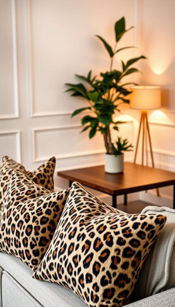 A beautifully styled scene of plush, leopard print throw pillows arranged on a chic, mid-century modern sofa. The pillows are positioned in the foreground, their vibrant spots and soft textures drawing the eye. In the middle ground, a sleek wooden coffee table and a lush potted plant add natural elements. The background features white walls and warm, directional lighting from a floor lamp, creating a cozy, inviting atmosphere. The overall mood is one of sophisticated style and a touch of wild, animal-inspired flair. A beautifully styled scene of plush, leopard print throw pillows arranged on a chic, mid-century modern sofa. The pillows are positioned in the foreground, their vibrant spots and soft textures drawing the eye. In the middle ground, a sleek wooden coffee table and a lush potted plant add natural elements. The background features white walls and warm, directional lighting from a floor lamp, creating a cozy, inviting atmosphere. The overall mood is one of sophisticated style and a touch of wild, animal-inspired flair.