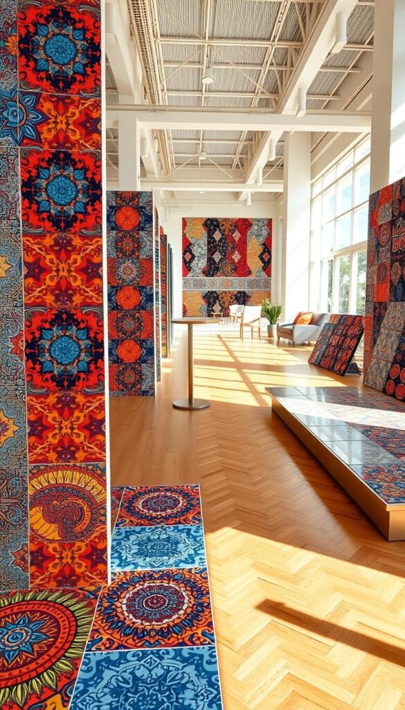 A bold, maximalist flooring display in a spacious, sun-drenched showroom. In the foreground, vibrant patterned tiles in a kaleidoscope of colors - rich reds, deep blues, and punchy oranges. Intricate textures and geometric designs captivate the eye. In the middle ground, gleaming hardwood floors in a striking herringbone layout, their warm tones contrasting with the cooler tile palette. The background features towering ceilings, bright white walls, and large windows that flood the space with natural light, creating an airy, open atmosphere. Mood is one of confidence, creativity, and a celebration of bold design choices that transform a room. A bold, maximalist flooring display in a spacious, sun-drenched showroom. In the foreground, vibrant patterned tiles in a kaleidoscope of colors - rich reds, deep blues, and punchy oranges. Intricate textures and geometric designs captivate the eye. In the middle ground, gleaming hardwood floors in a striking herringbone layout, their warm tones contrasting with the cooler tile palette. The background features towering ceilings, bright white walls, and large windows that flood the space with natural light, creating an airy, open atmosphere. Mood is one of confidence, creativity, and a celebration of bold design choices that transform a room.